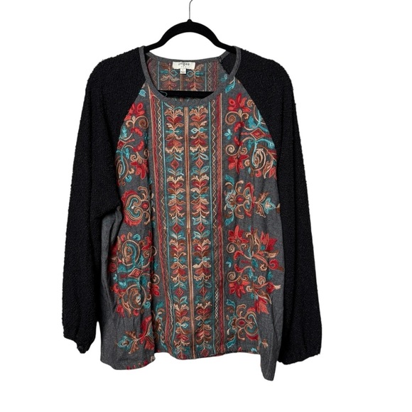 Umgee Embroidered Blouse Top Sz L  Bohemian Texture Knit Black Boho Hippie Gypsy - Picture 1 of 9